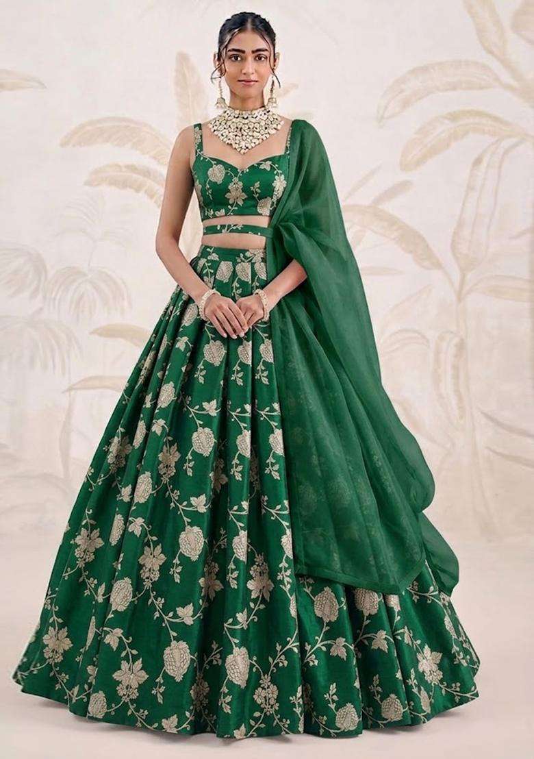 Forest Green Silk Blend Lehenga Set - Indya