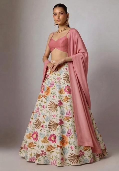 Cream Ivory Printed Organza Lehenga Set