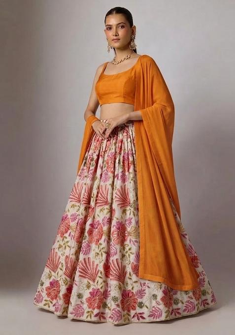 Ivory Printed Organza Lehenga Set