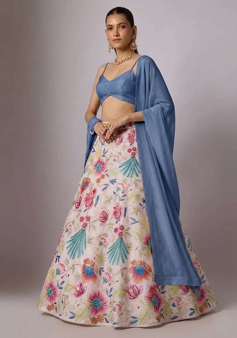 Blush Pink Printed Organza Lehenga Set - Indya