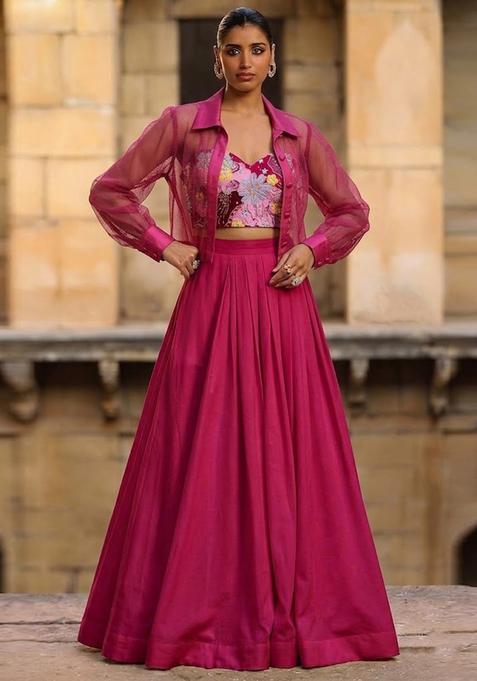 Rani Pink Printed Crepe Lehenga Set