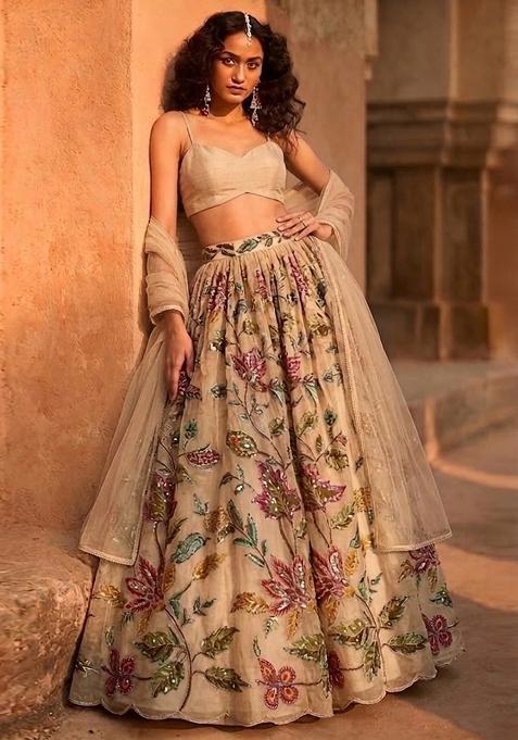 Beige Embroidered Organza Lehenga Set