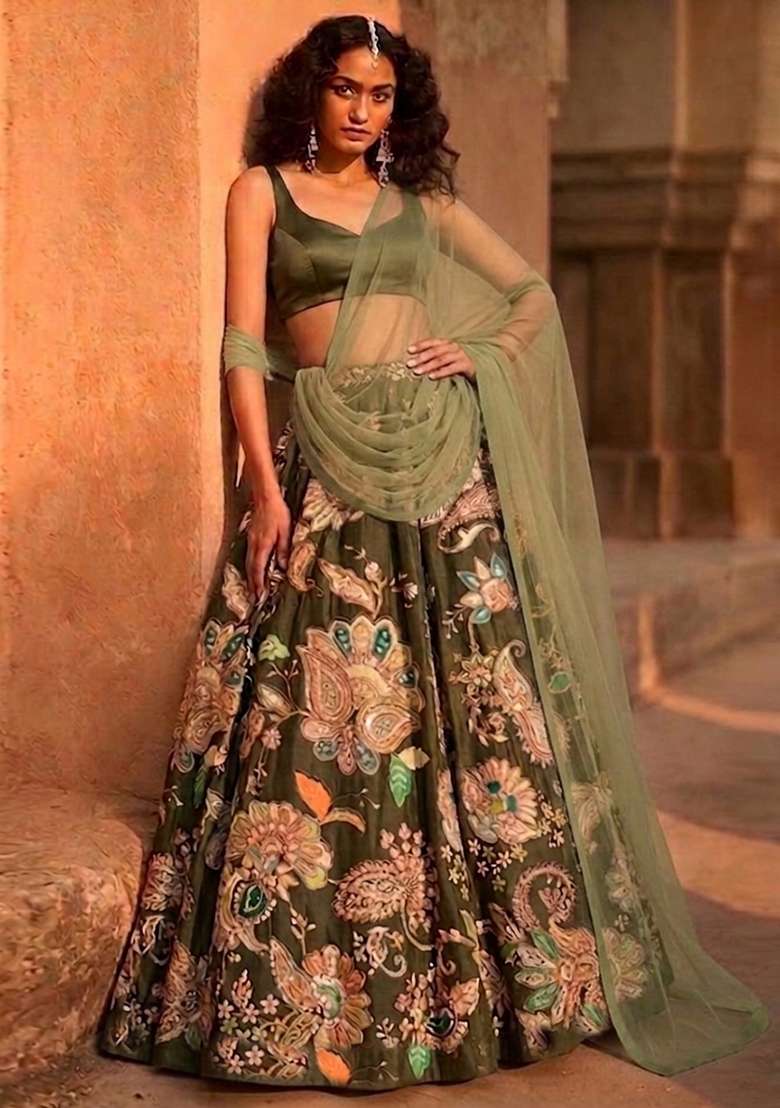Olive Green Printed Crepe Lehenga Set - Indya