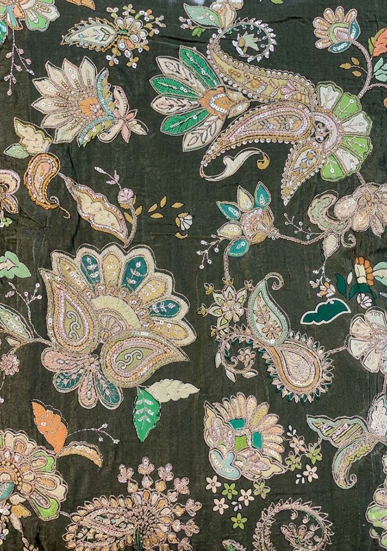 Olive Green Printed Crepe Lehenga Set - Indya