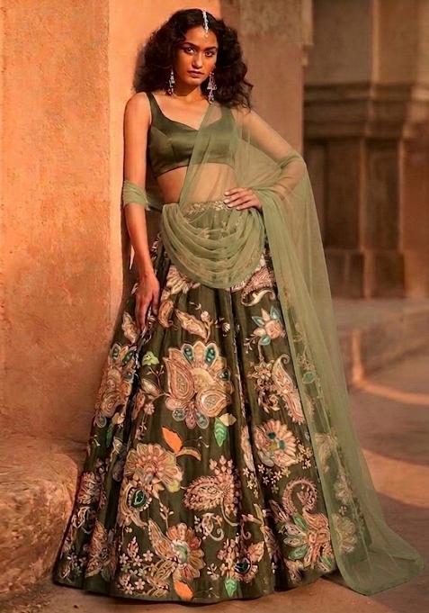 Olive Green Printed Crepe Lehenga Set