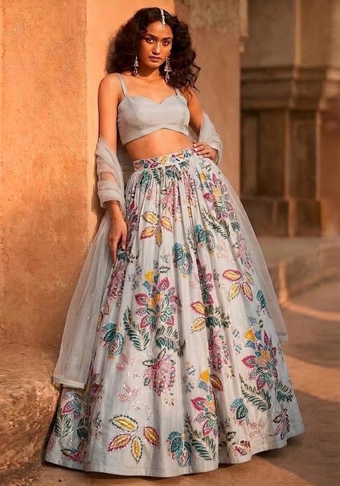 Powder Grey Printed Organza Lehenga Set