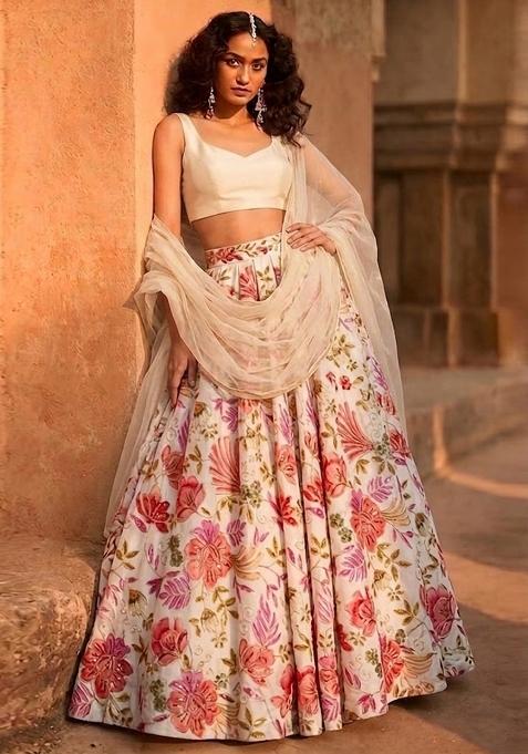 Ivory White Printed Organza Lehenga Set