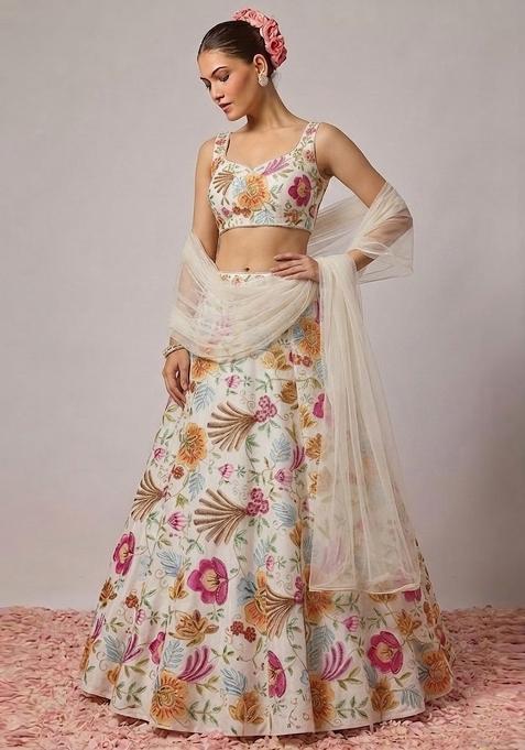 Off White Printed Organza Lehenga Set
