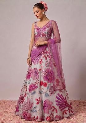 White Printed Organza Lehenga Set