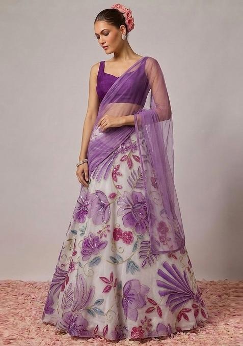 White Printed Organza Lehenga Set