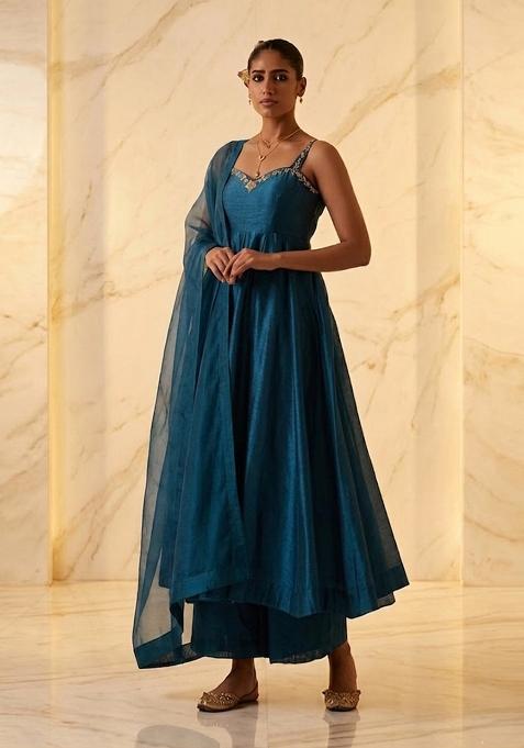 Blue Embroidered Handwork Anarkali Set