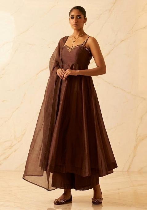 Chocolate Brown Embroidered Handwork Anarkali Set