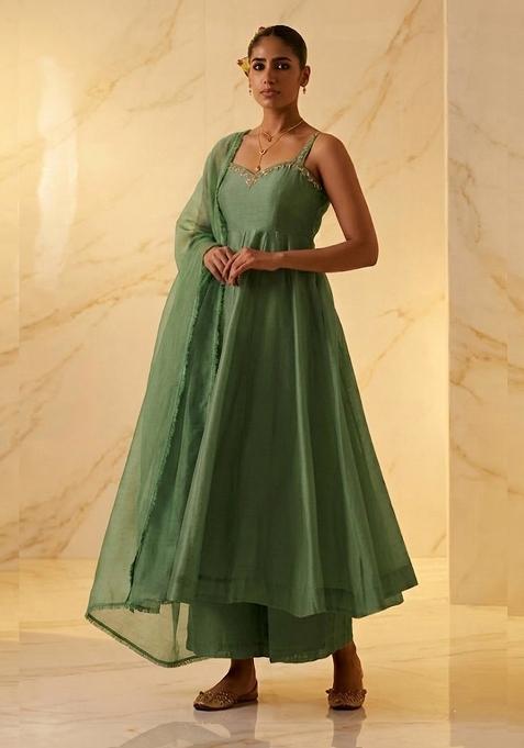 Sage Green Embroidered Handwork Anarkali Set