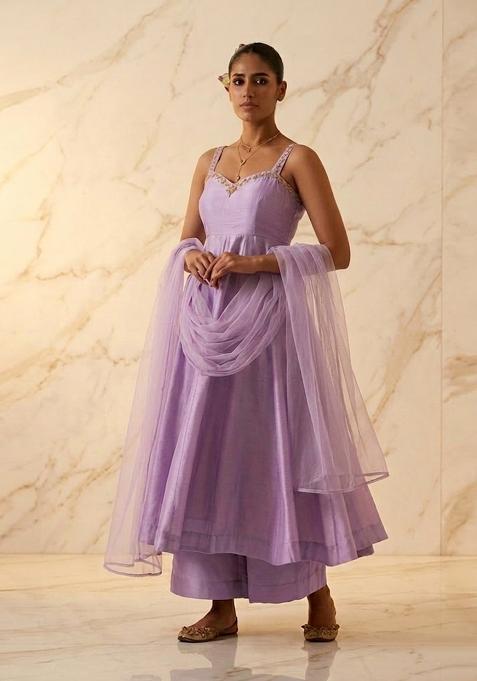 Lavender Purple Embroidered Handwork Anarkali Set