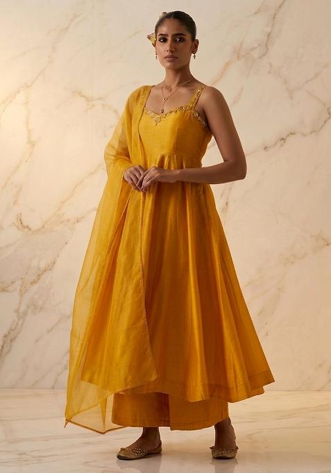 Mustard Yellow Embroidered Handwork Anarkali Set