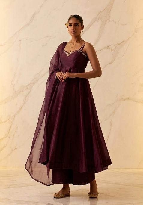 Wine Purple Embroidered Handwork Anarkali Set
