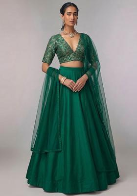 Bottle Green Brocade Lehenga Set
