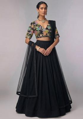 Black Printed Crepe Lehenga Set
