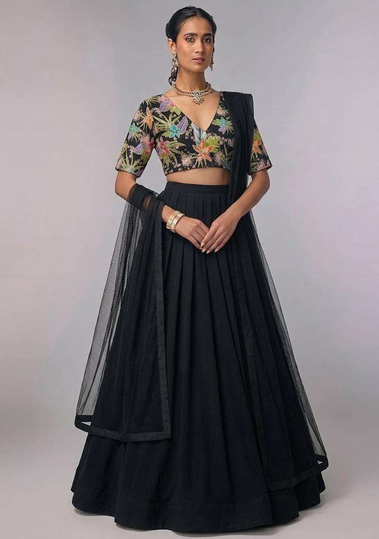 Black Printed Crepe Lehenga Set - Indya