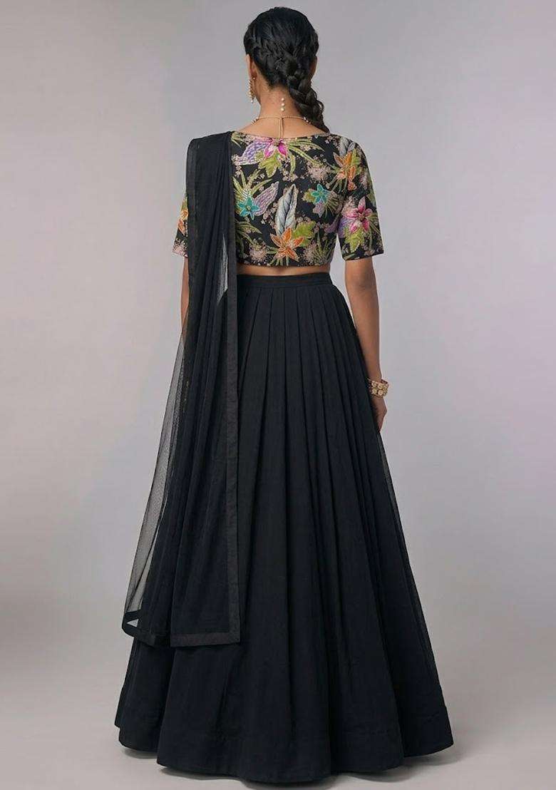 Black Printed Crepe Lehenga Set - Indya