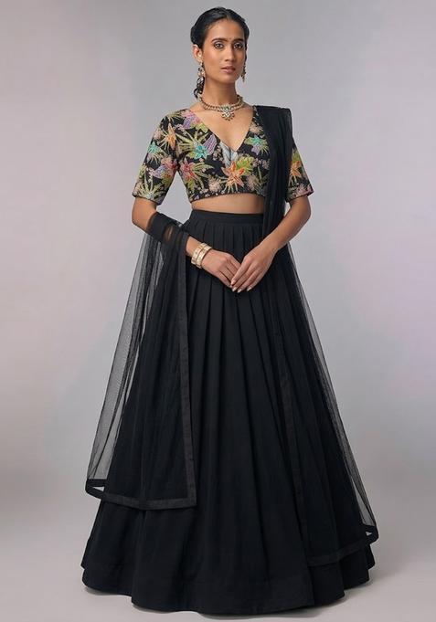 Black Printed Crepe Lehenga Set