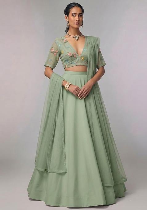 Green Embroidered Chanderi Lehenga Set