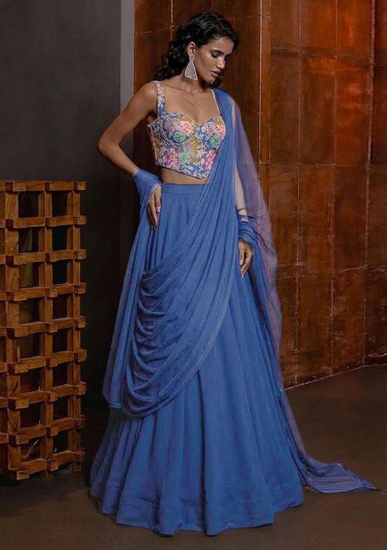 Navy Blue Crepe Lehenga Set with Printed for Diwali | Wedding & Festive Wear - Indya