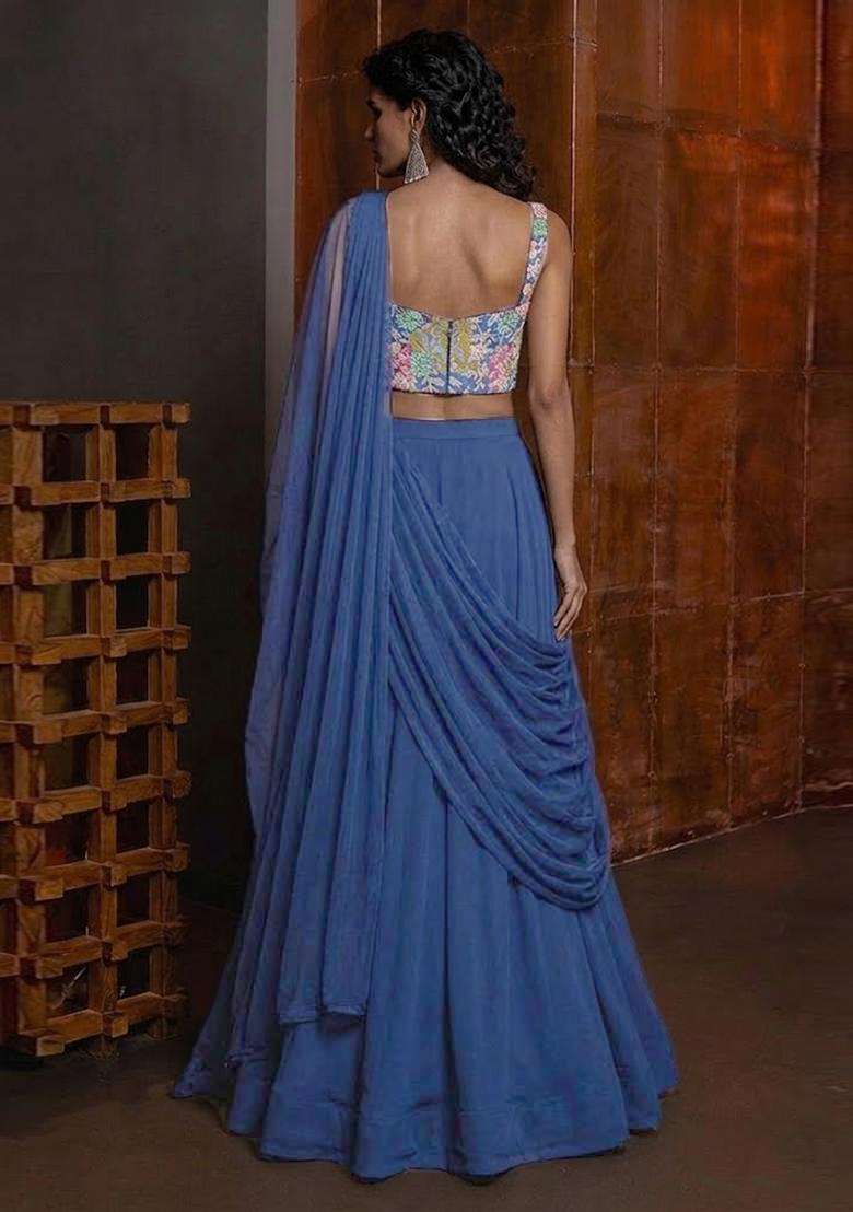 Navy Blue Crepe Lehenga Set with Printed for Diwali | Wedding & Festive Wear - Indya