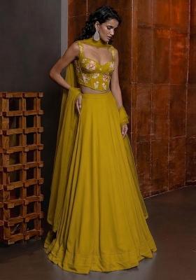 Yellow Embroidered Chanderi Lehenga Set