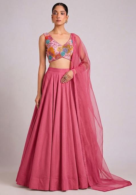 Pink Printed Crepe Lehenga Set