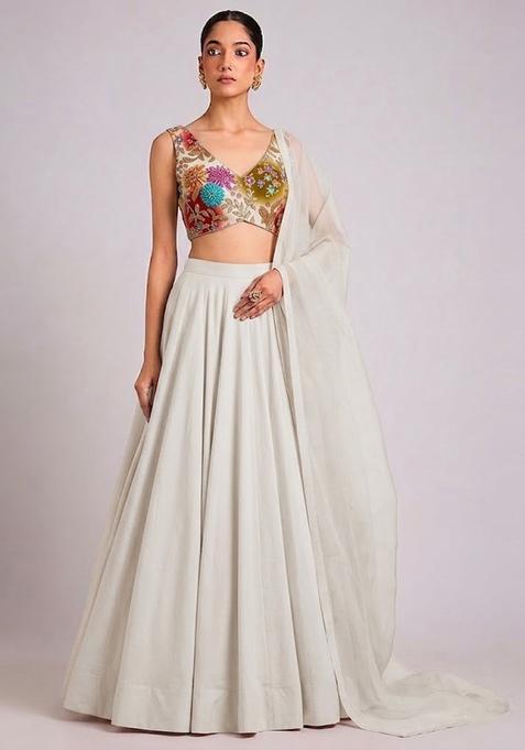 White Printed Crepe Lehenga Set