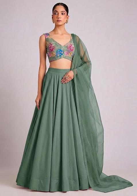 Green Printed Crepe Lehenga Set