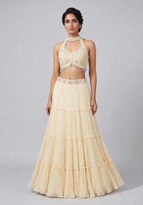 Cream Embroidered Handwork Lehenga Set