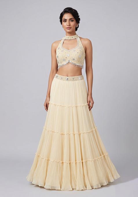 Cream Embroidered Handwork Lehenga Set
