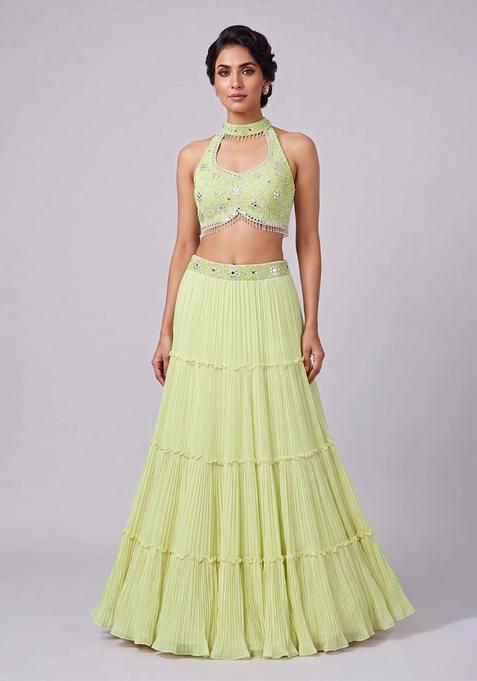 Light Green Embroidered Handwork Lehenga Set