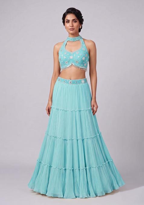 Sky Blue Embroidered Handwork Lehenga Set