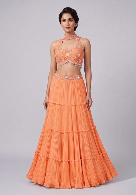 Orange Embroidered Handwork Lehenga Set
