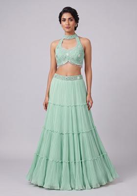 Mint Green Embroidered Handwork Lehenga Set