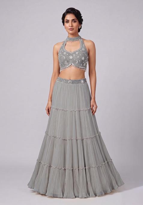 Grey Embroidered Handwork Lehenga Set