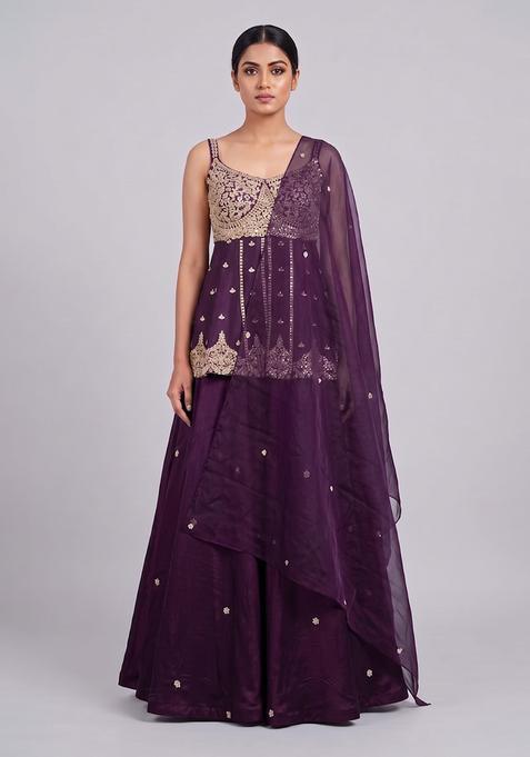 Dark Purple Embroidered Handwork Lehenga Set