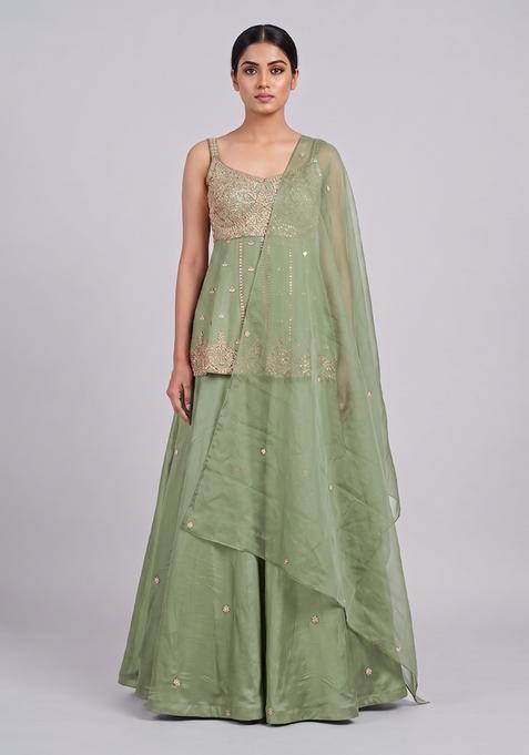 Green Embroidered Handwork Lehenga Set