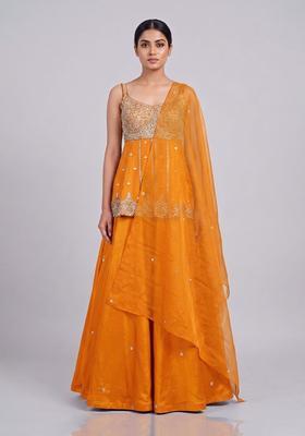 Orange Embroidered Handwork Lehenga Set