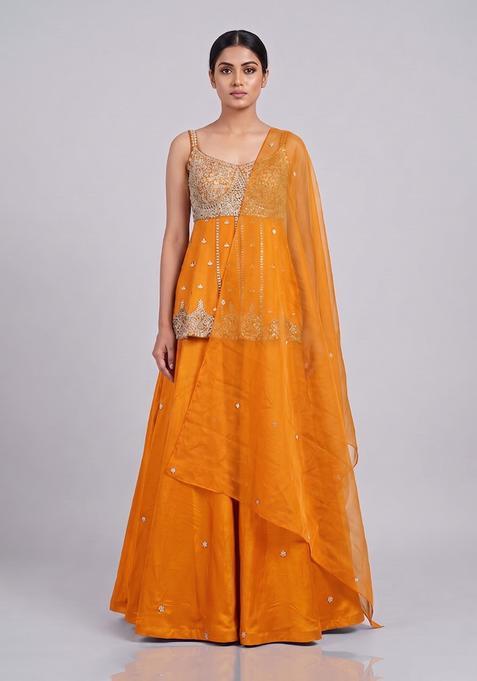 Orange Embroidered Handwork Lehenga Set