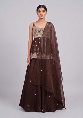 Brown Embroidered Handwork Lehenga Set