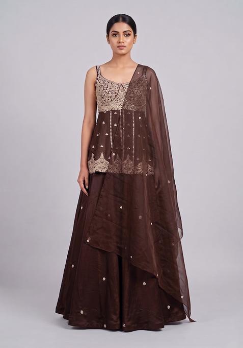 Brown Embroidered Handwork Lehenga Set