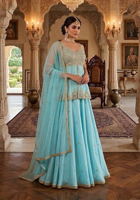 Sky Blue Embroidered Handwork Lehenga Set