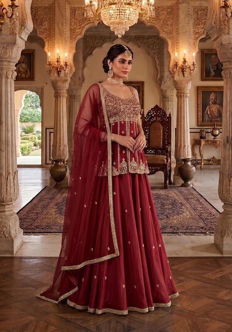 Red Embroidered Handwork Lehenga Set
