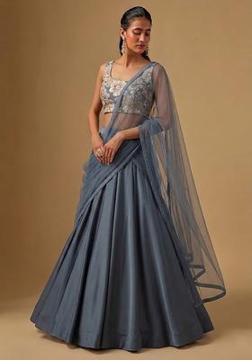 Midnight Blue Printed Crepe Lehenga Set