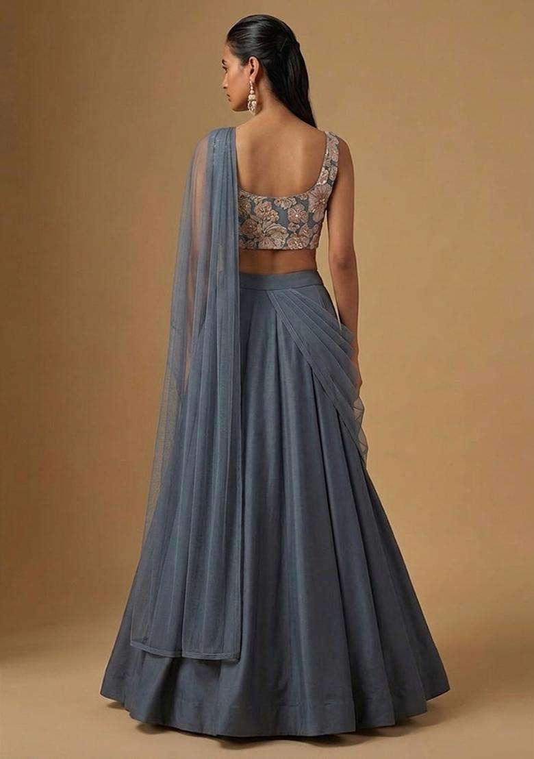 Midnight Blue Printed Crepe Lehenga Set - Indya