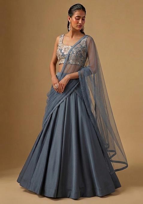 Midnight Blue Printed Crepe Lehenga Set